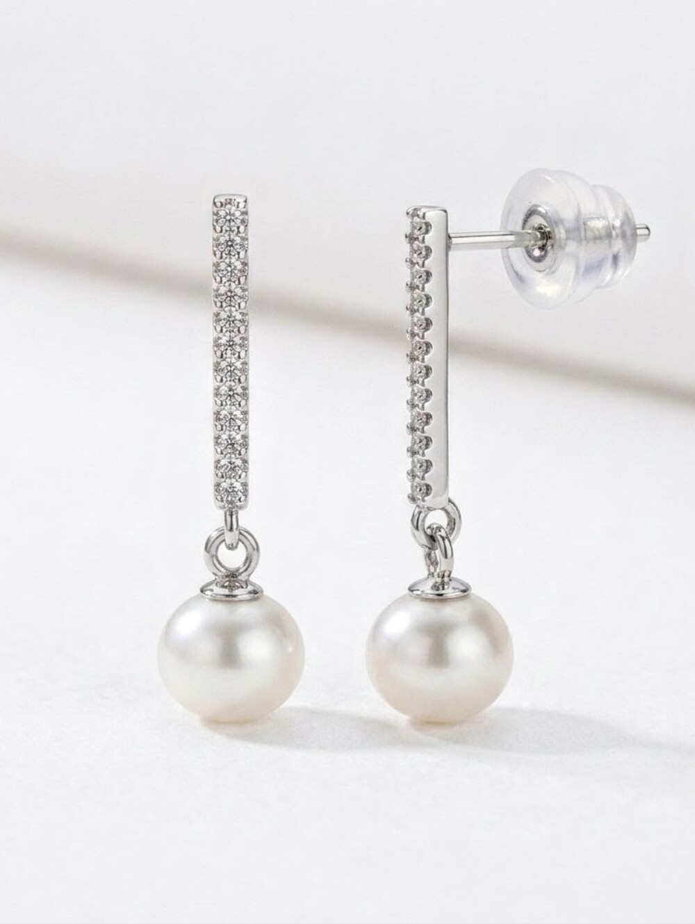 14K White Gold Overlay 925 Silver Freshwater Pearl CZ Drop Earrings Bridal